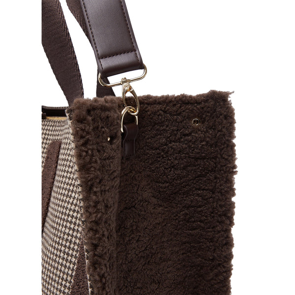 Borsa Tote grande Donna tessuto check marrone, con logo dettaglio