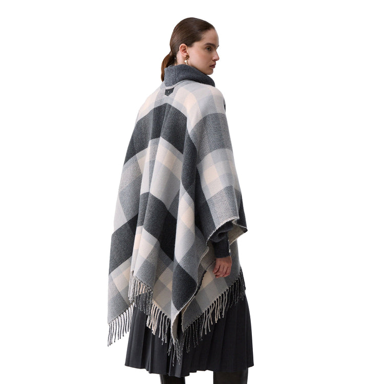 Poncho Donna check jacquard grigio modella retro