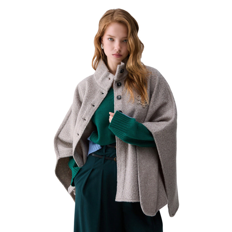 Poncho Donna con cintura in vita Grigio modella frontale