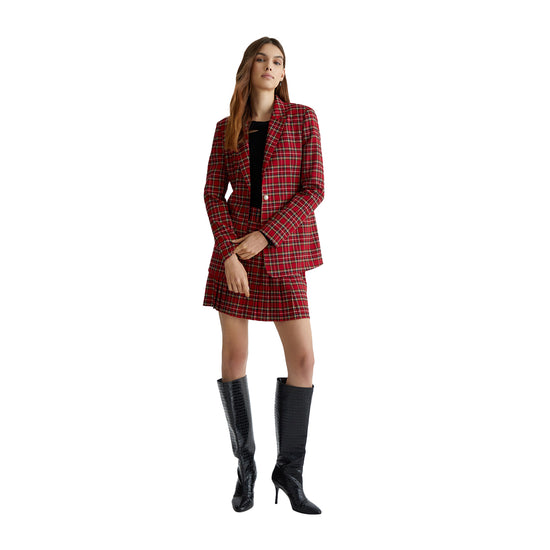 Look intero modella con Giacca in tartan rosso Liu Jo