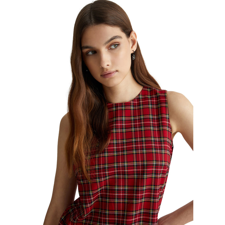 Abito corto Donna in tartan senza colletto modella ravvicinata frontale