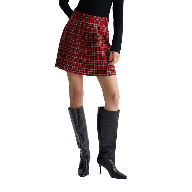 Minigonna Donna a pieghe in tartan Rosso modella frontale