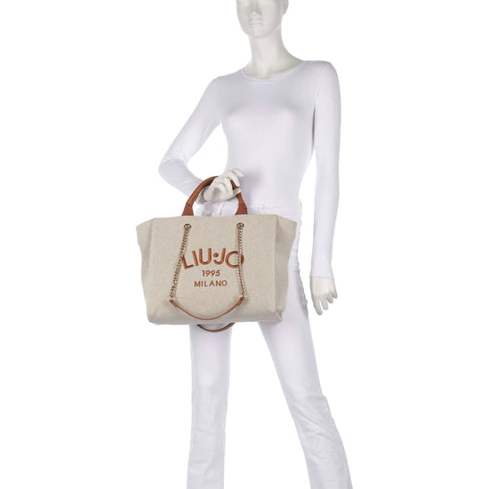 Borsa shopping Donna in Tela Beige su manichino