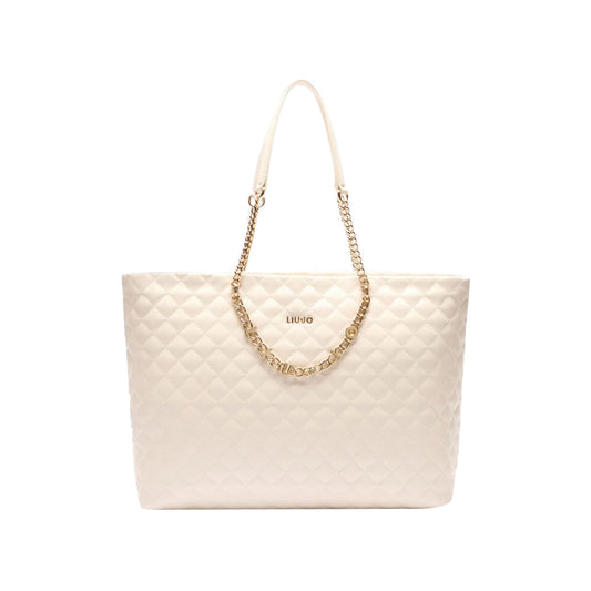 Borsa a spalla da donna beige matelassé con catena logata