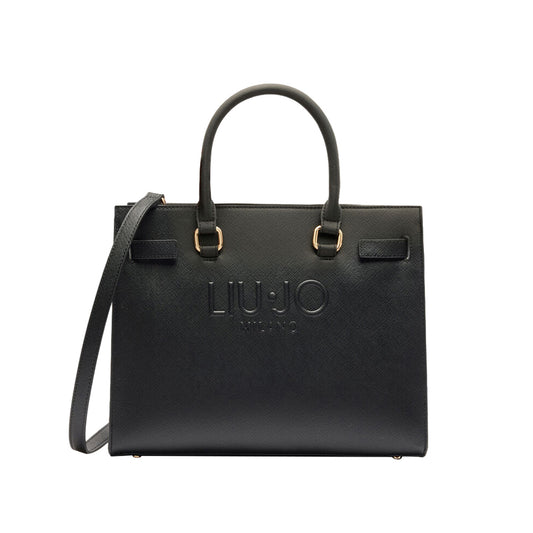 Borsa Shopping tinta unita nera con logo