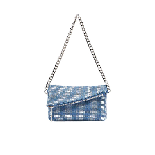 Borsa a spalla piccola azzurra con strass e catena