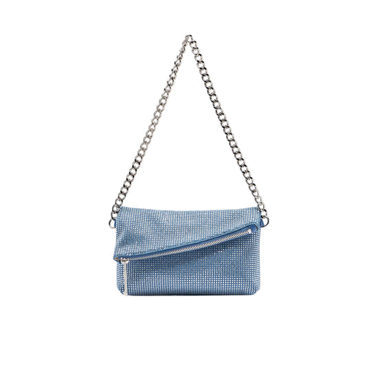 Borsa a spalla piccola azzurra con strass e catena