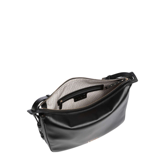 Borsa a spalla in pelle nera con dettagli oro 