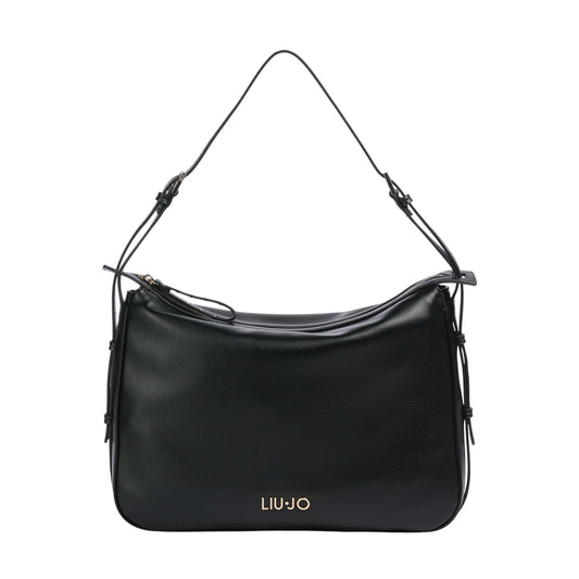 Borsa a spalla in pelle nera con dettagli oro