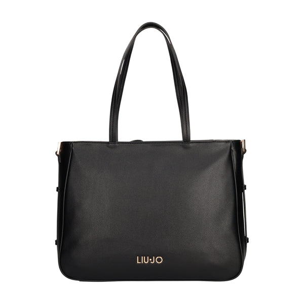 Shopping bag nera in ecopelle hardware dorato 