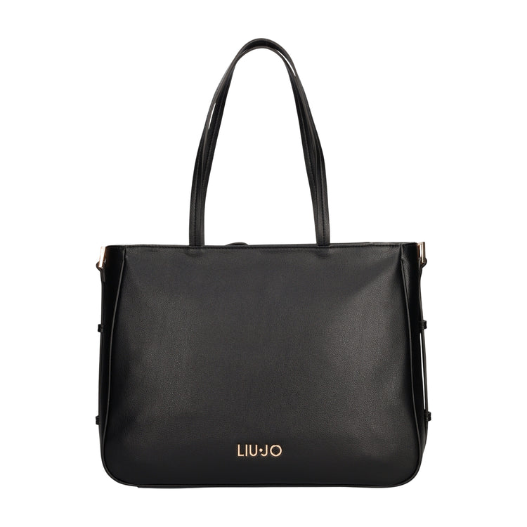 Shopping bag nera in ecopelle hardware dorato 