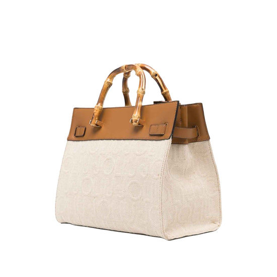 Borsa in jacquard marrone con manici in bambù