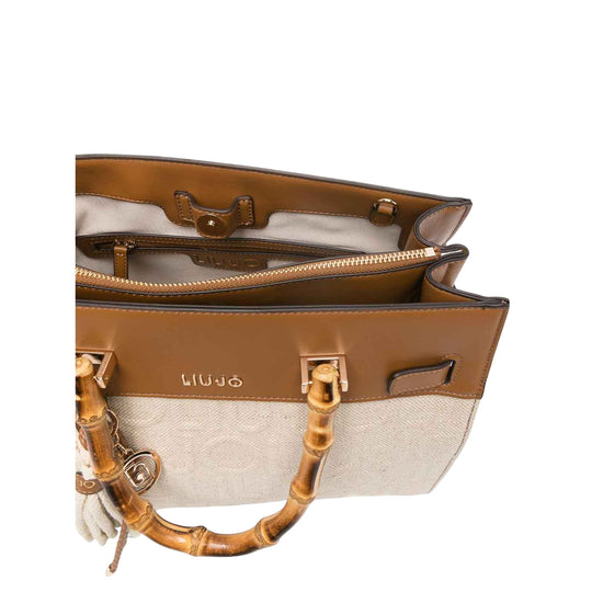 Borsa in jacquard marrone con manici in bambù