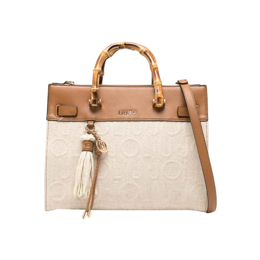 Borsa in jacquard marrone con manici in bambù