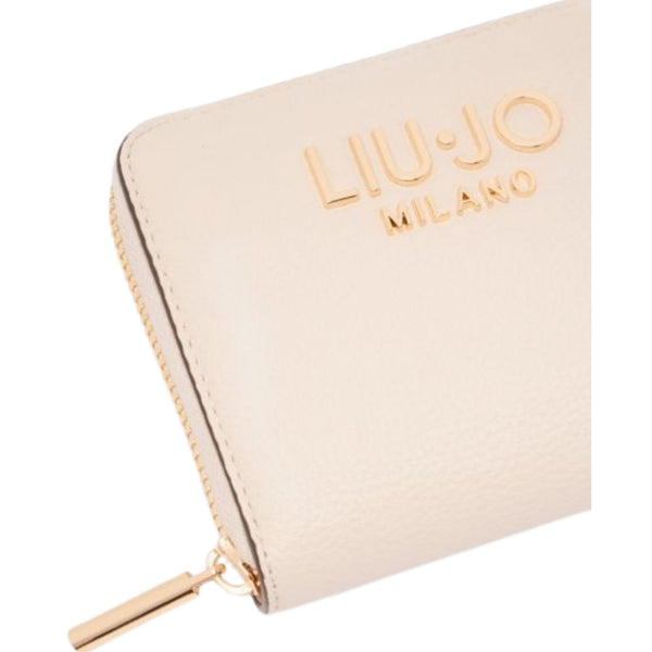 Portafoglio crema con zip e logo dorato