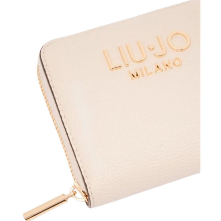 Portafoglio crema con zip e logo dorato