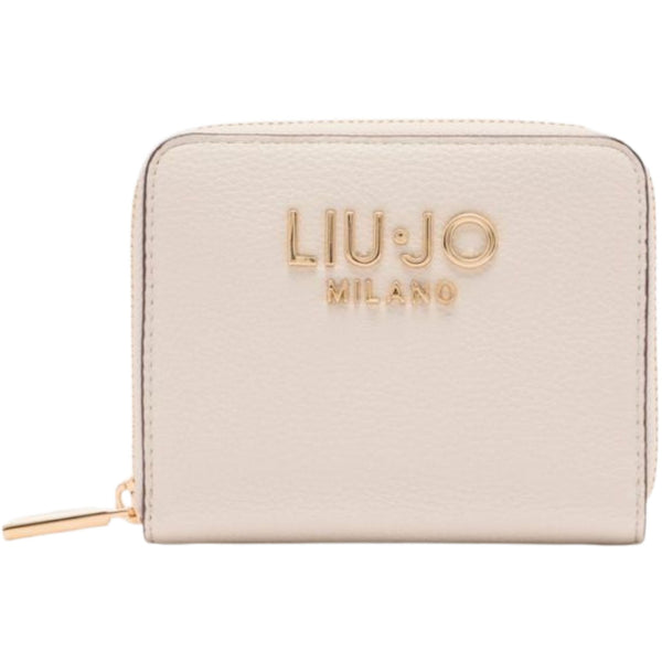 Portafoglio crema con zip e logo dorato