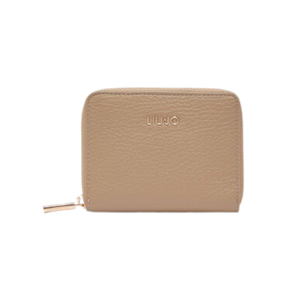 Portafoglio Donna Beige, effetto bottalato, con logo in metallo frontale e zip around