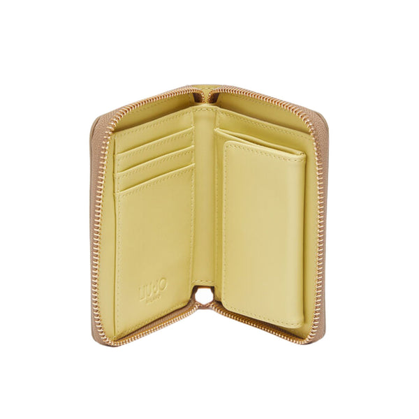 Portafoglio Donna Beige, effetto bottalato, con logo in metallo frontale e zip around