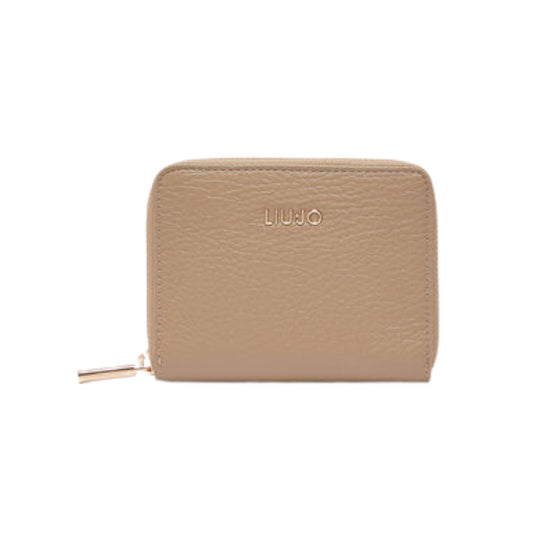 Portafoglio Donna Beige, effetto bottalato, con logo in metallo frontale e zip around