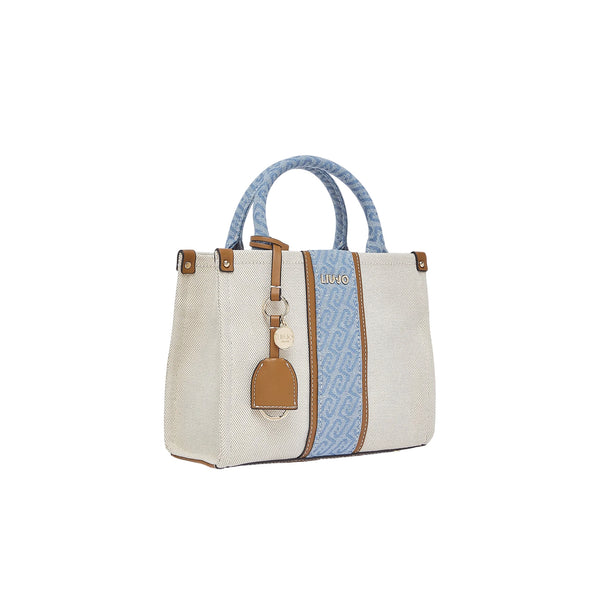 Borsa a mano beige e denim con tracolla 
