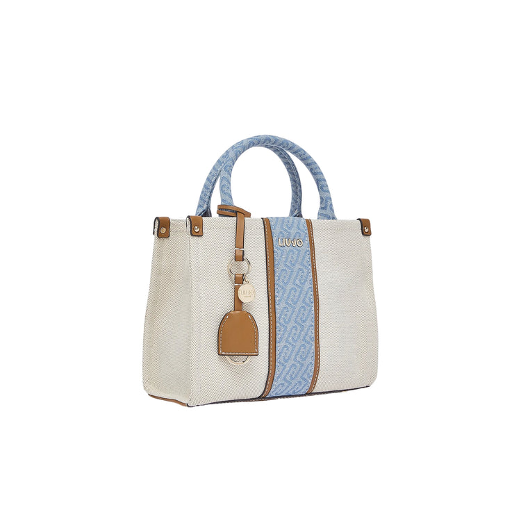 Borsa a mano beige e denim con tracolla 