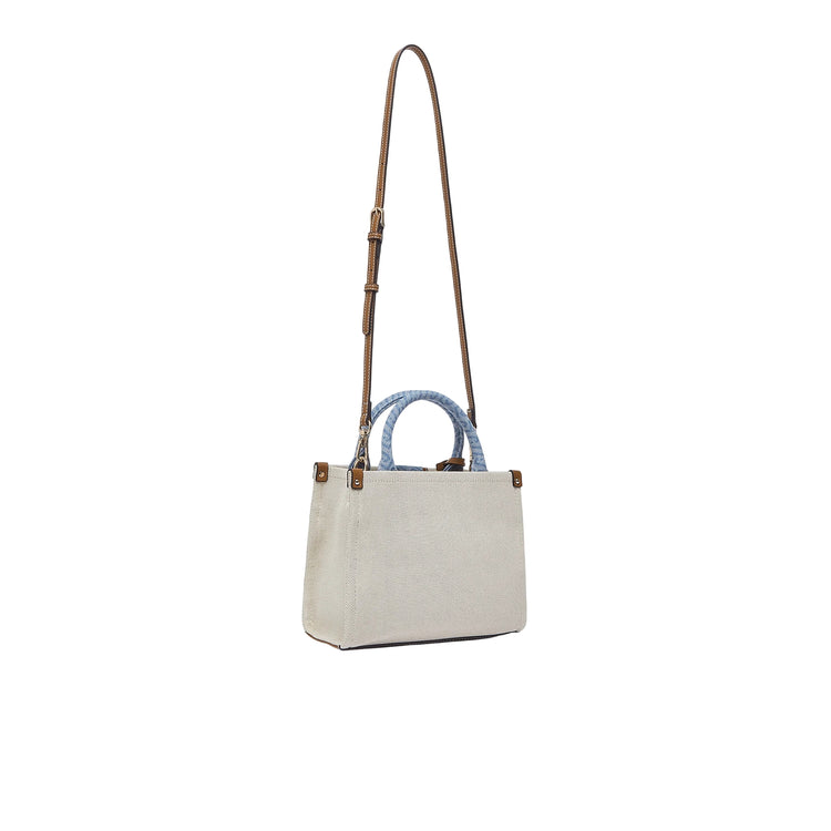 Borsa a mano beige e denim con tracolla 