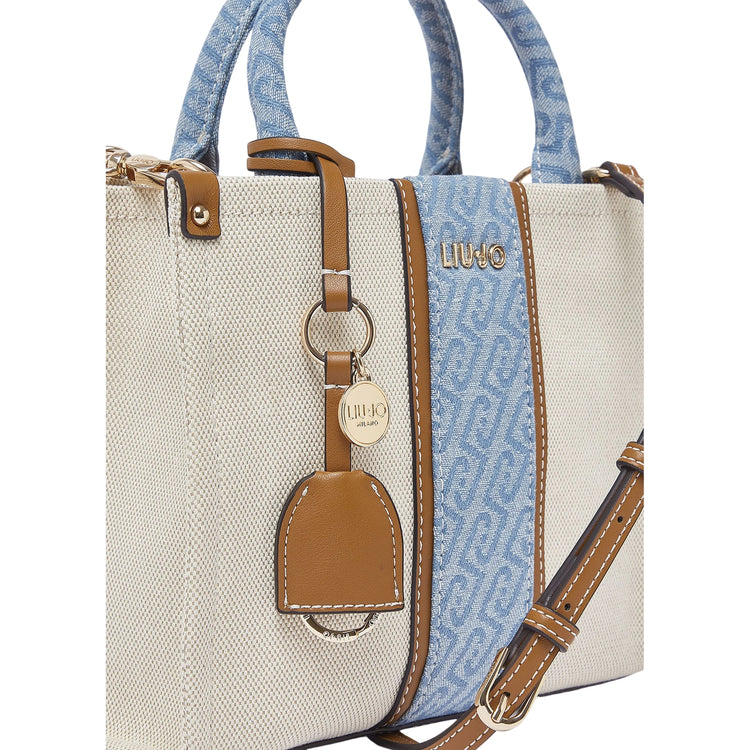 Borsa a mano beige e denim con tracolla 