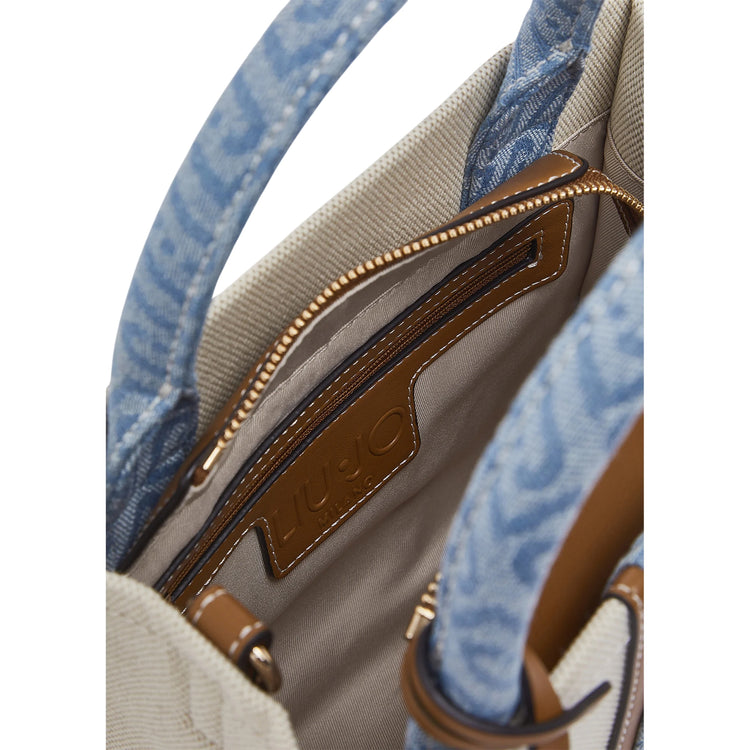 Borsa a mano beige e denim con tracolla 