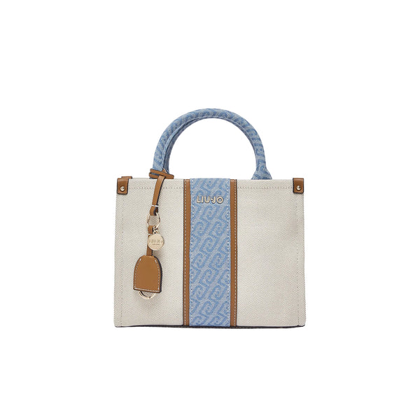 Borsa a mano beige e denim con tracolla 