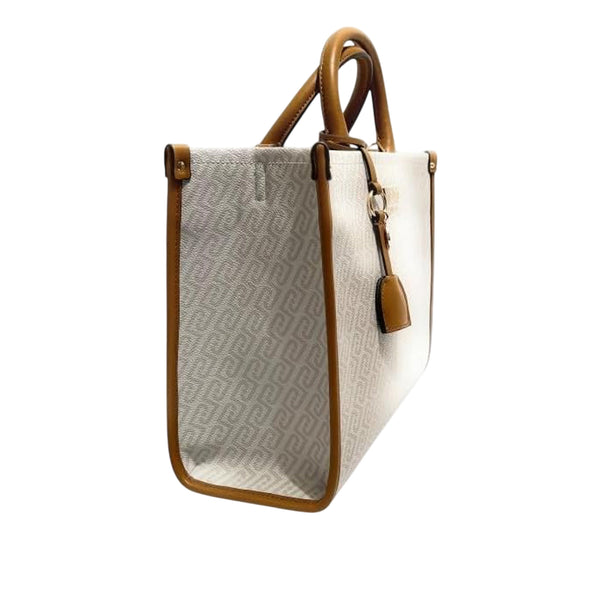 Borsa a mano con logo all-over beige e marrone