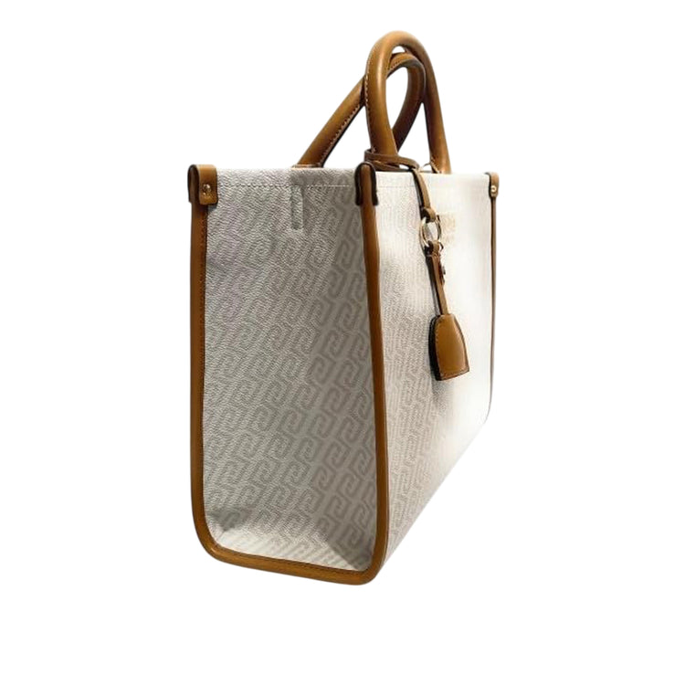 Borsa a mano con logo all-over beige e marrone