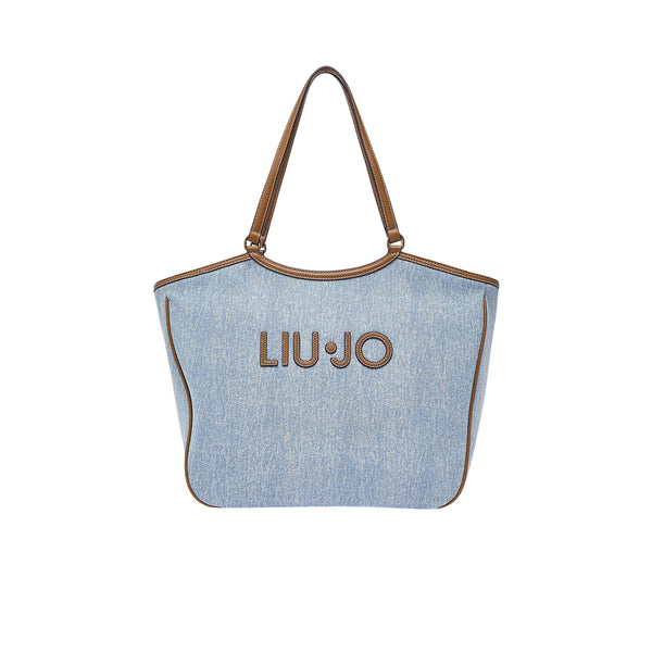Tote grande in denim con maxi logo 