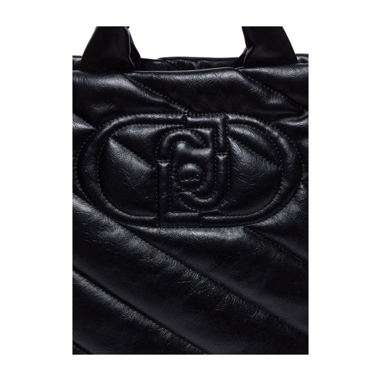 Borsa Donna a mano glossy matelassé nera dettaglio ravvicinato logo frontale