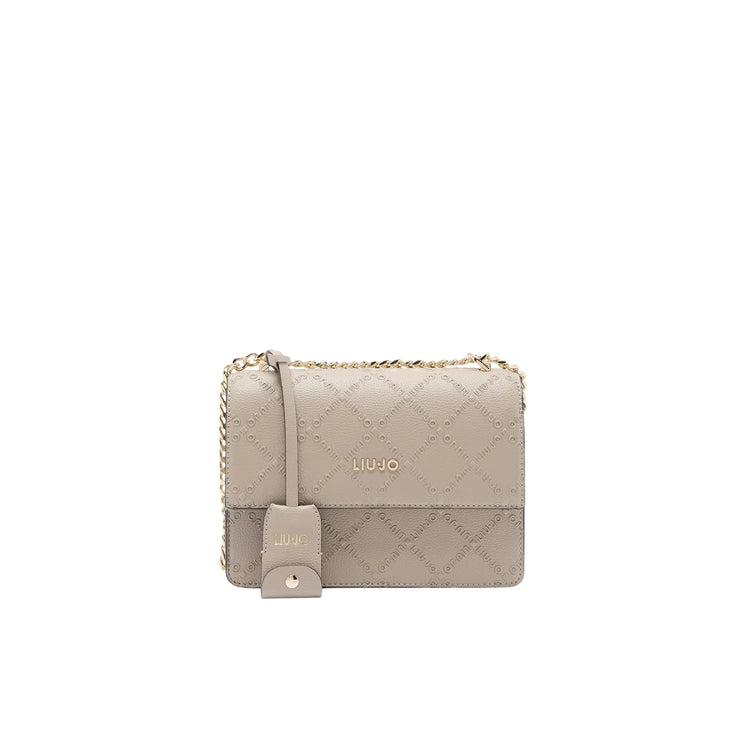 Borsa a tracolla con charm e logo all over Beige