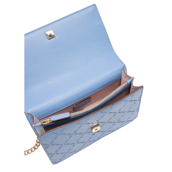 Borsa a tracolla con charm e logo all over Celeste interno