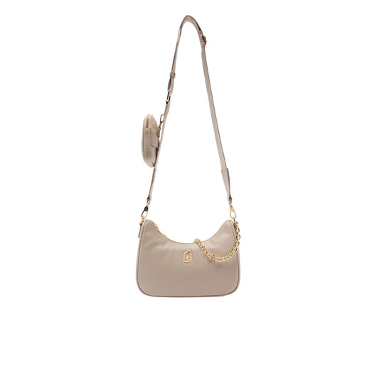 Borsa hobo piccola a tracolla beige con catena