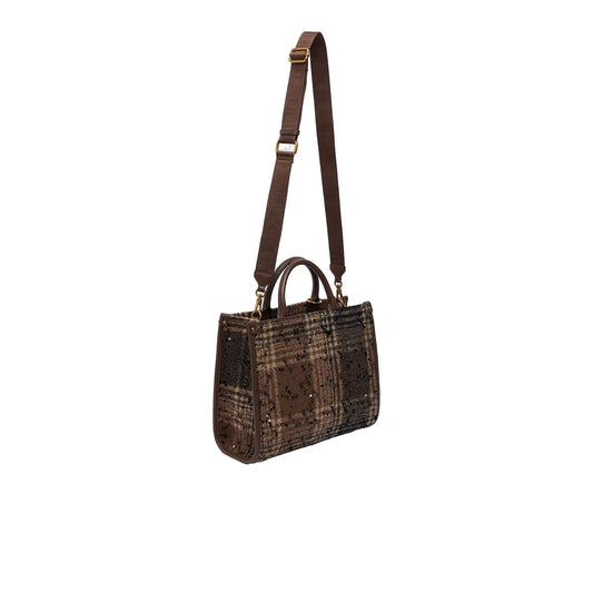 Borsa media Donna check con paillettes marrone retro, con tracolla