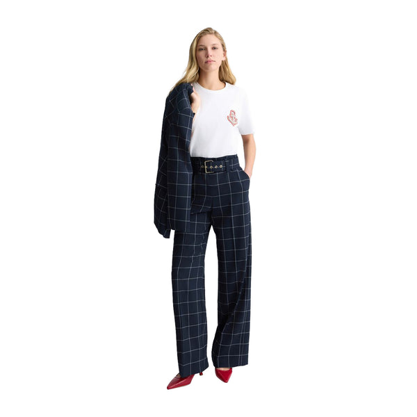 Pantaloni motivo check da Donna a vita alta Blu modella intera frontale