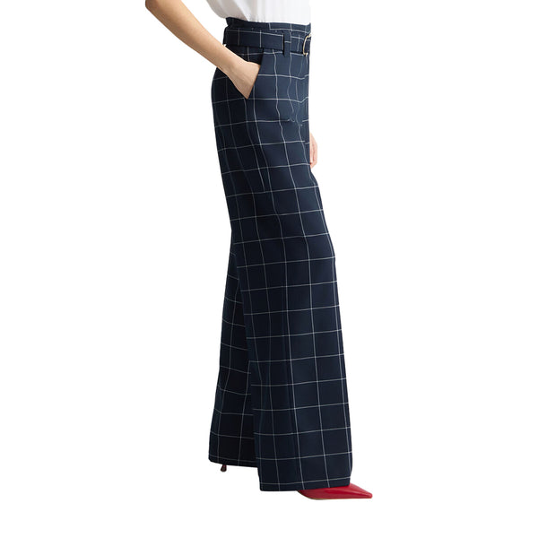 Pantaloni gessati da Donna a vita alta Blu modella laterale
