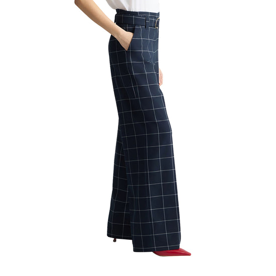 Pantaloni gessati da Donna a vita alta Blu modella laterale