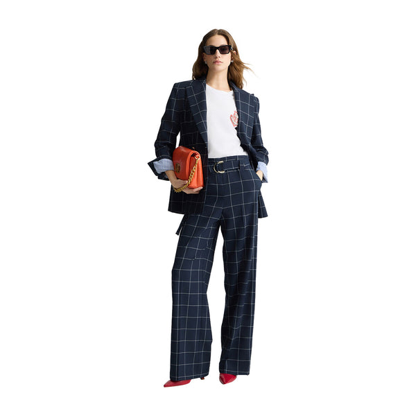 Pantaloni gessati da Donna a vita alta Blu modella intera frontale