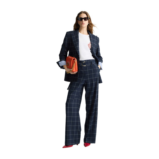 Pantaloni gessati da Donna a vita alta Blu modella intera frontale