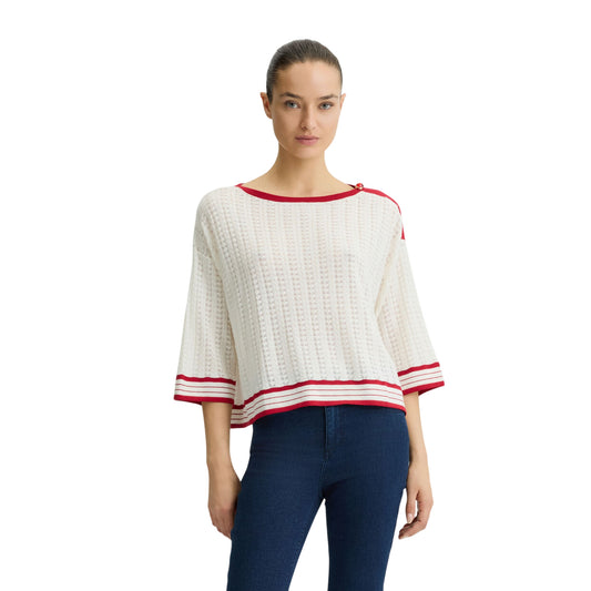 Maglia Donna in cotone e cashmere con dettagli rossi modella frontale
