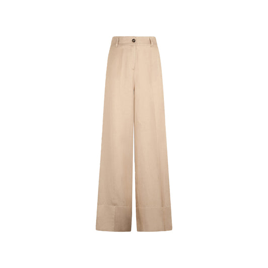 Pantaloni Donna wide leg beige con tasca applicata