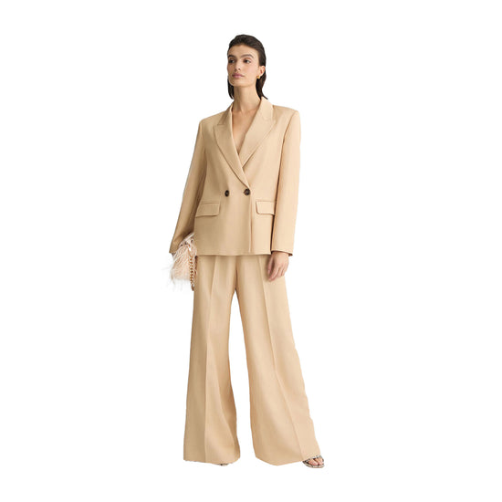 Pantaloni Donna wide leg beige con tasca applicata modella intera frontale