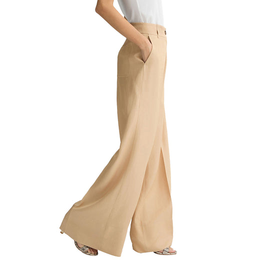Pantaloni Donna wide leg beige con tasca applicata modella laterale