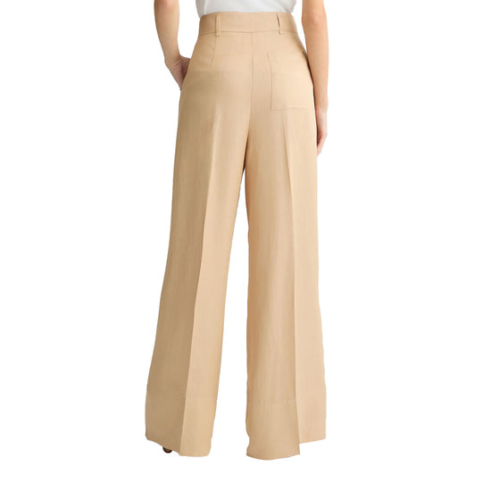 Pantaloni Donna wide leg beige con tasca applicata modella retro