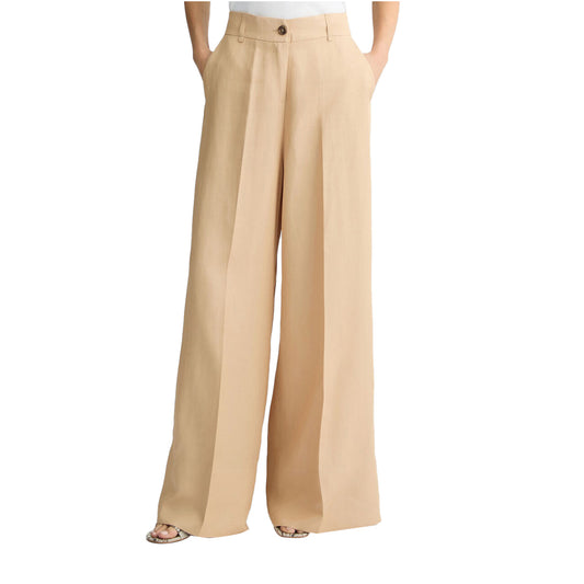 Pantaloni Donna wide leg beige con tasca applicata modella frontale