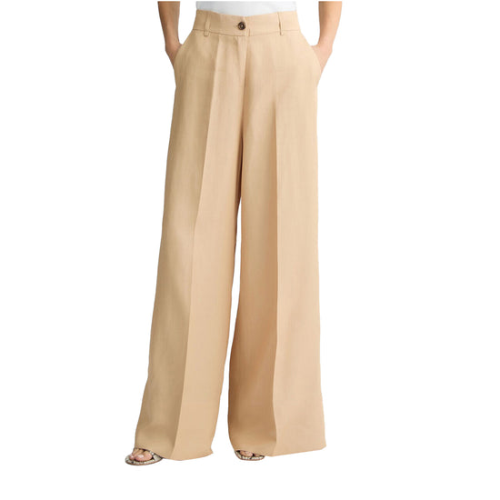 Pantaloni Donna wide leg beige con tasca applicata modella frontale